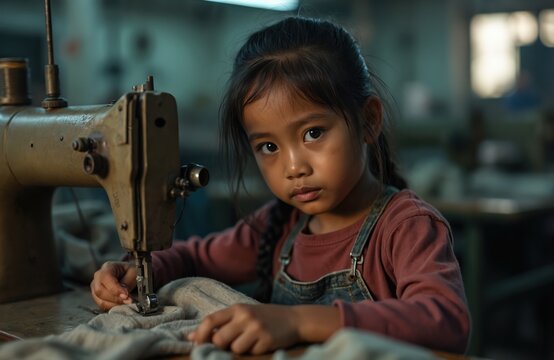 Young girl operates old sewing machine in dimly lit workshop. Child works diligently at table with fabric. Female kid in overalls focused on textile production, industrial setting.