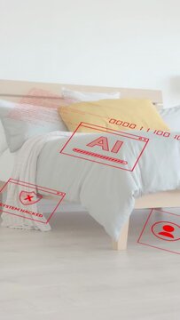 SYSTEM HACKED shield appearing, red AR UI sliding, fading across wooden bed AI window shifting