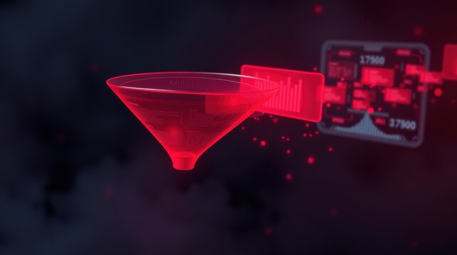 Red funnel filtering data streams. Digital visualization, complex system, modern technology, dark background, glowing elements.