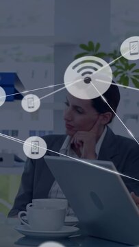 Vertical video: Medical team typing, making phone icons and linking lines for network, hiding team