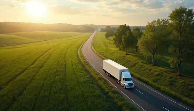 White semi truck drives on asphalt road through green fields. Sunny sky with clouds above the landscape. Trees line the country road. Nature scenery.