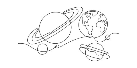 Continuous line drawing of planets including earth and saturn in a minimalist cosmic style © Vector Art Gallery 