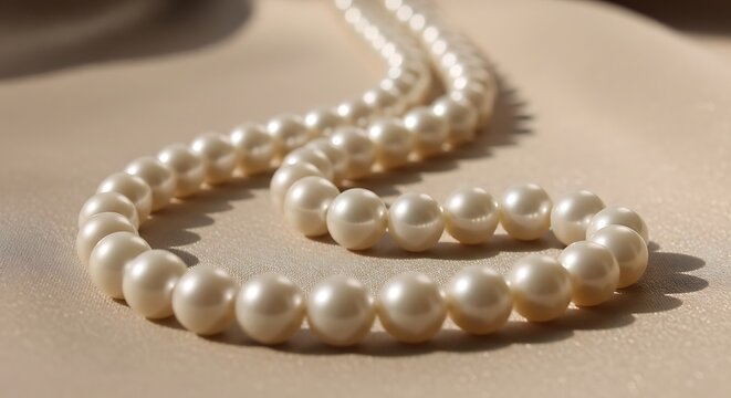 Close-up of a lustrous pearl necklace, gracefully draped on a soft, cream-colored surface