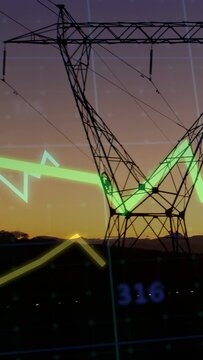 Tower at dusk, green line entering left, graphs sweeping over tower across data grid showing power