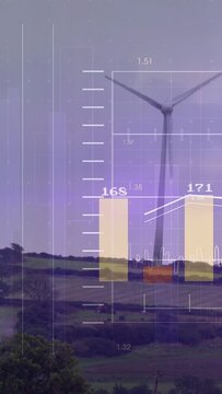 Vertical video: On overlay appearing, wind turbine rotating while animating bars to show power data