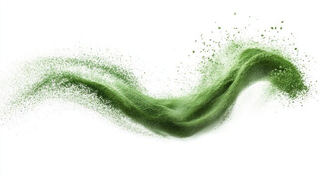 Matcha powder air isolated on white background,superfood powder,diet and healthy life,green tea powder,Japanese tea leaves,popular menu trendy, wellness concept.