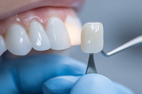 Professional dentist hand holding ceramic veneer before installation, cosmetic dentistry for perfect white smile, dental restoration process, tooth crown replacement