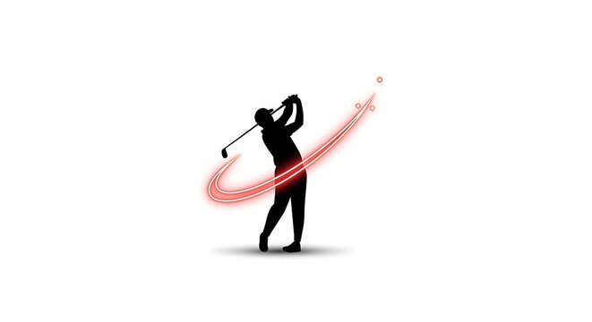 A silhouette of a golfer swinging a golf club with a red streak