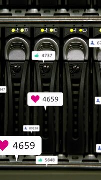 Vertical video: Tech drives centering system sending hearts thumbs user counts showing engagement