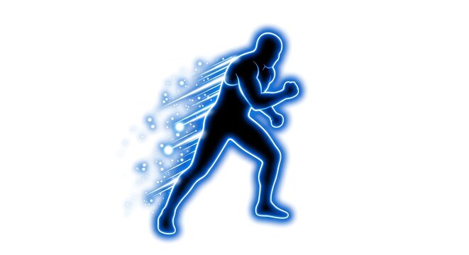 A blue neon silhouette of a person in a fighting stance