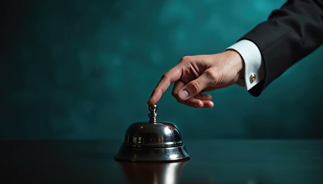 Man in suit presses service bell on reception desk. Hand with cufflink rings bell for staff assistance. Customer service, hospitality, and support.
