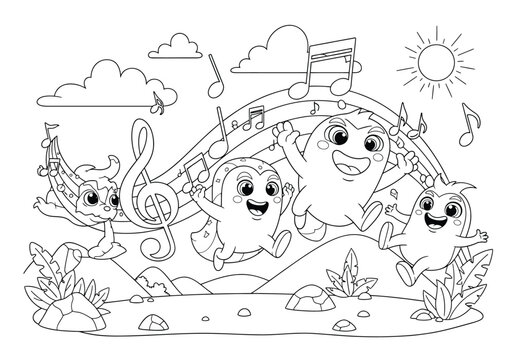 Coloring page for children with cute monsters jumping and dancing with musical notes and a rainbow in the background