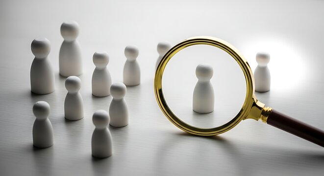 A Magnifying Glass Focused On A White Figure Among Many, Symbolizing Close Examination And Selection Process In Business.