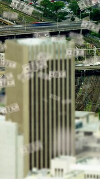 Vertical video: Opening bills drifting past centered office tower, growing into money-rain effect