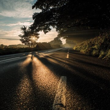 Serene rural landscape with sunbeams carving a bright stripe along asphalt