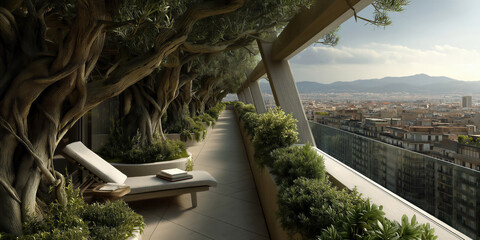 Obraz premium Peaceful rooftop with lush plants. Elevated walkway adorned with olive trees and seating