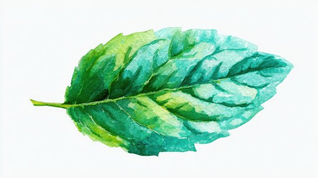 Single mint leaf painting in watercolor, botanical illustration with soft washes