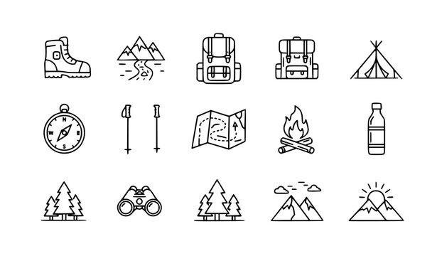 Hiking 12 icon set outdoor adventure trekking camping outline vector