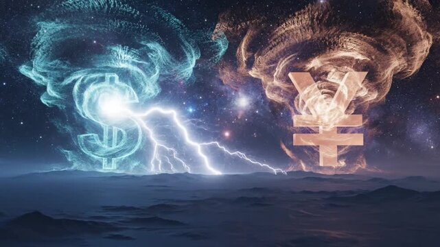 Global currency war and forex market volatility depicted by glowing US Dollar and Chinese Yuan particle tornados clashing with lightning