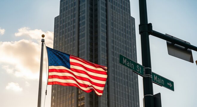 American flag waves proudly at Main Street corner in urban setting against skyscraper backdrop at sunset patriotism visual