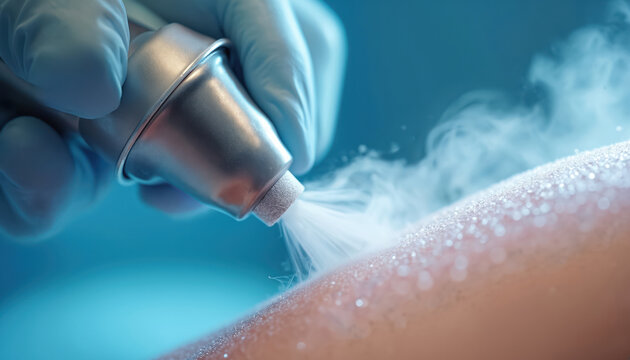 Doctor applies cold spray from cryogun device to treat skin lesion. Dermatologist uses freezing mist for mole removal procedure. Patient gets cryotherapy session at clinic for skin condition.