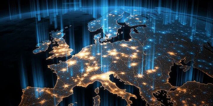 Digital map of Europe glowing with vertical signals representing cross border connectivity, data flow, and regional network intelligence