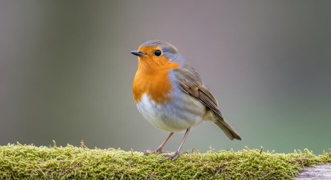 Close up of a european robin perched on a moss covered branch outdoors
