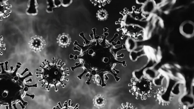 Black and white render of microscopic virus particles floating in a smoky environment, depicting disease and pandemic