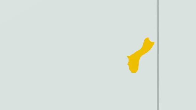 Guam map. Animated zoom into the country on the Globe in Pale Mint Dark Pink color palette. Country logo animation with round text and airplanes. Map with meridians, parallels. Alive video.