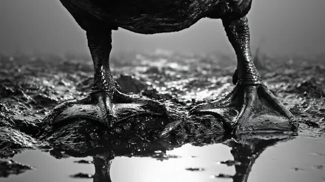 Low-angle shot of a duck's webbed feet in muddy water and reflection on a foggy day