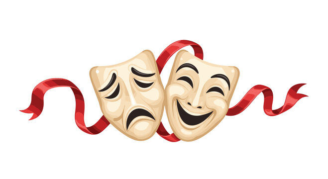 Elegant theatrical drama masks showing joy and sorrow are gracefully entwined with a vibrant flowing red satin ribbon set against a pristine white backdrop.