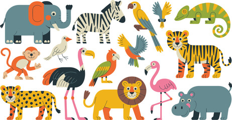 Safari jungle animals collection set with elephant lion tiger zebra giraffe hippo monkey and exotic birds vector illustration isolated. © Raju