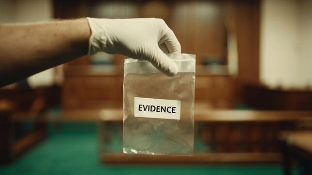 Hand in glove places evidence bag into a courtroom setting for legal proceedings.
