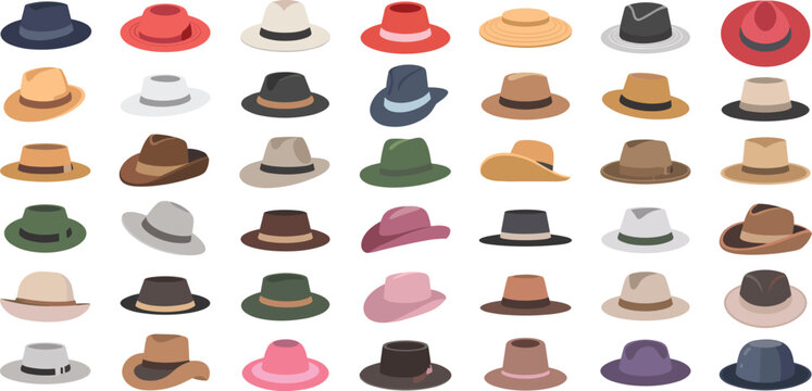 Large collection of classic hats including fedoras trilbies bowlers and sun hats for fashion design headwear icons and apparel accessories.