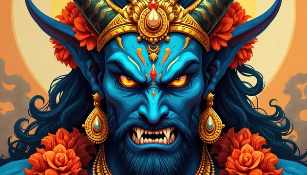 Fierce blue demon king with sharp teeth and glowing eyes wears ornate gold crown and jewelry. Orange flowers frame horned head. Mystical portrait radiates power and ancient energy. Hindu deity.