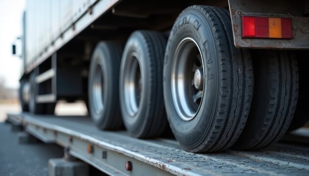 Heavy trailer truck tires stand on weighbridge scale. Commercial vehicle load check on transport logistics platform. Heavy duty truck weighing.