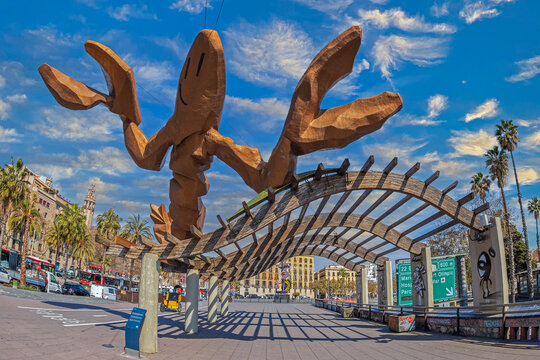 BARCELONA, SPAIN-MARCH 1, 2022: La Gamba de Mariscal or Gambrinus,located in Ronda Litoral-Passeig de Colom,a sculpture of great proportions designed by the Spanish Javier Mariscal.Represents a prawn.