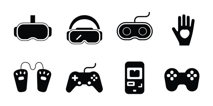 VR gaming icons silhouette virtual reality headsets controllers and hand gestures
