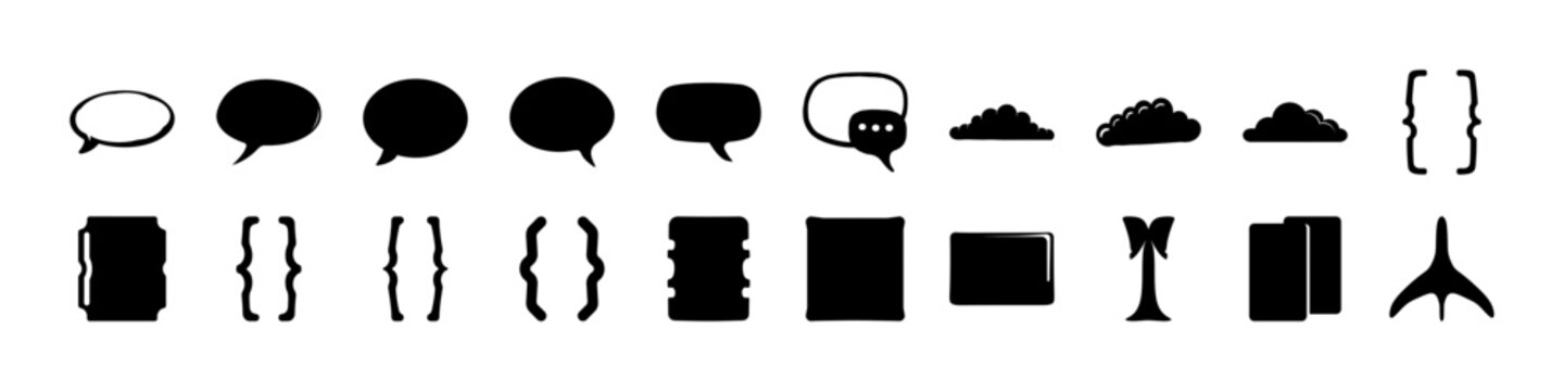 Set of Speech Bubbles and Interface Icons - Collection of black silhouettes featuring speech bubbles, brackets, panels, and interface symbols, ideal for communication, dialogue, and UI design concepts