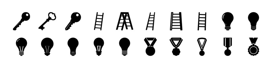 Black icons set of keys ladders and symbols - Collection of black silhouette icons featuring keys, ladders, light bulbs, and abstract symbols, suitable for access, ideas, and design concepts. © Md
