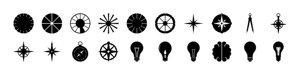 Black light bulb and starburst idea icons set - Collection of black icons featuring light bulbs, starbursts, and abstract symbols representing ideas, energy, innovation, and creative thinking concepts © Md
