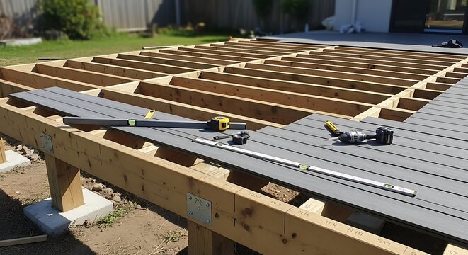 Construction of a new outdoor deck with composite decking and tools