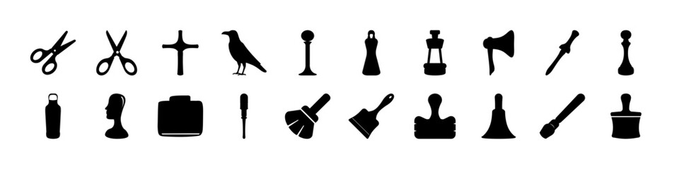 Tools and chess icons silhouettes mixed symbol set - Black silhouette icon set featuring scissors, tools, and chess pieces, representing strategy, repair, crafting, and interface design elements.  © Md