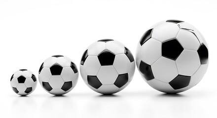 Fototapeta premium Size comparison of traditional black and white soccer balls from small to large isolated on white background