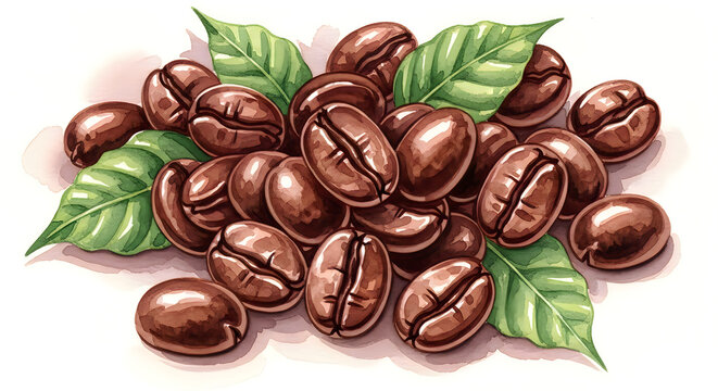 Fresh Organic Coffee Beans with Leaves Vector, illustration