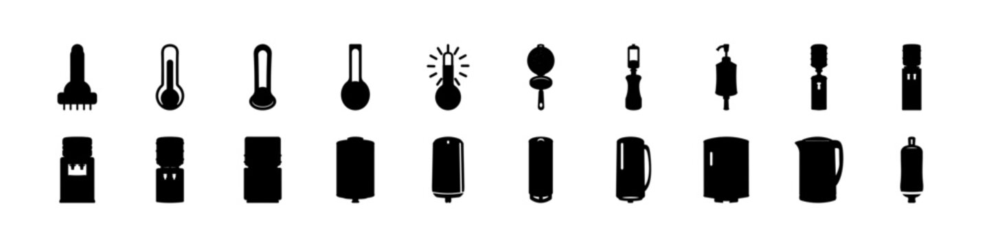 Thermometer icons silhouettes temperature weather symbol set - Collection of black silhouette thermometer icons in various styles, representing temperature measurement, weather conditions, and climate