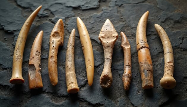 Collection of ancient bone tools arranged on dark stone surface. Prehistoric implements show signs of skilled craftsmanship, indicating early human ingenuity, survival techniques for hunting,