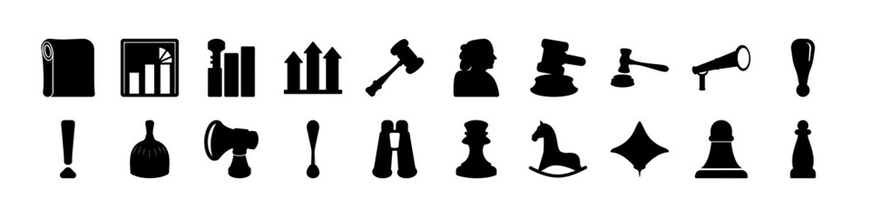 Mixed icons silhouettes set tools charts chess symbols  - Collection of black silhouette icons featuring charts, tools, chess pieces, and symbols, representing business, strategy, analytics, and inter © Md