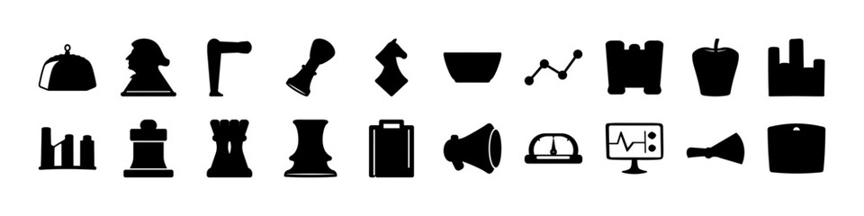 Chess and abstract icons silhouettes symbol collection  - Set of black silhouette icons featuring chess pieces, abstract shapes, and objects, representing strategy, logic, and interface design element © Md