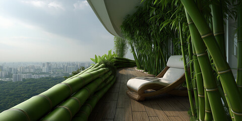 Obraz premium Luxurious bamboo space featuring calming shade and picturesque cityscape in peaceful setting